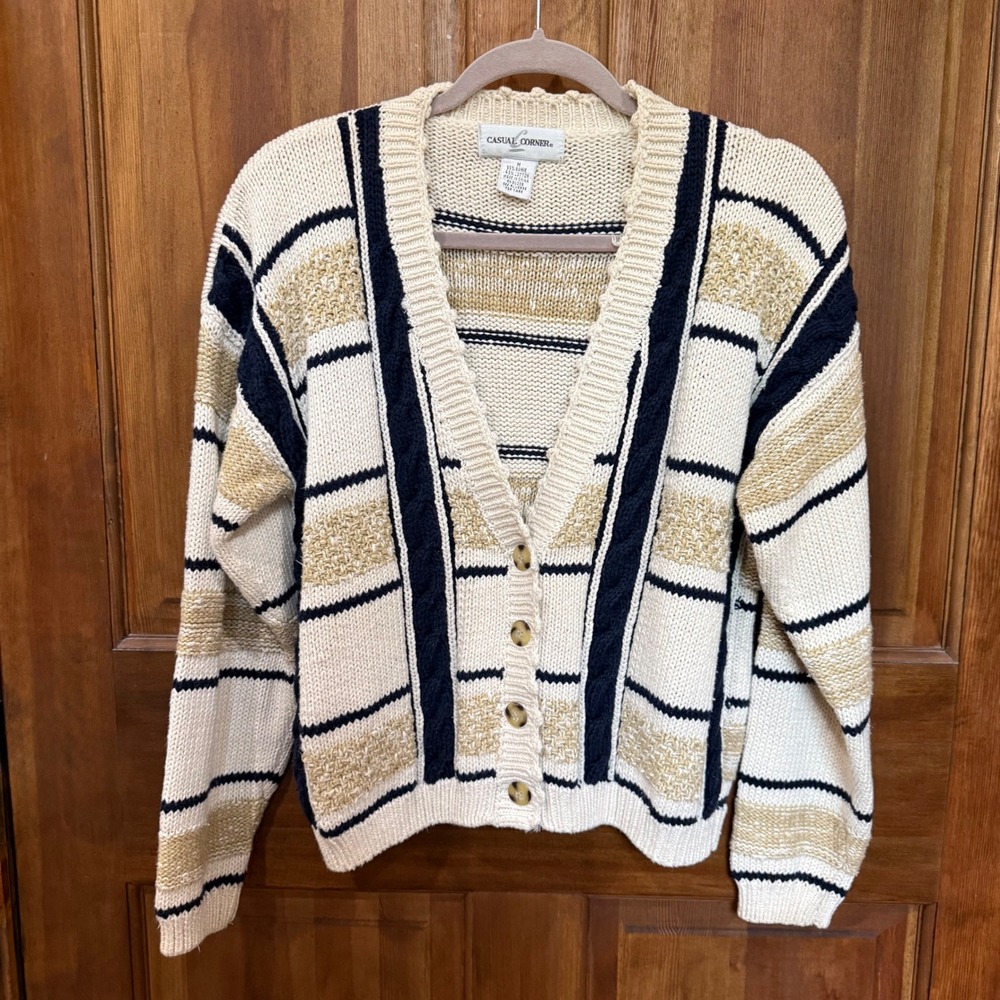Vintage Casual Corner Womens M Striped Cable Knit Cardigan Cream Navy Tan V-Neck